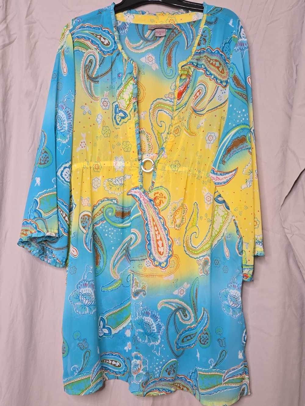 Yellow and Blue Paisley V-Neck Tunic with Ring Detail